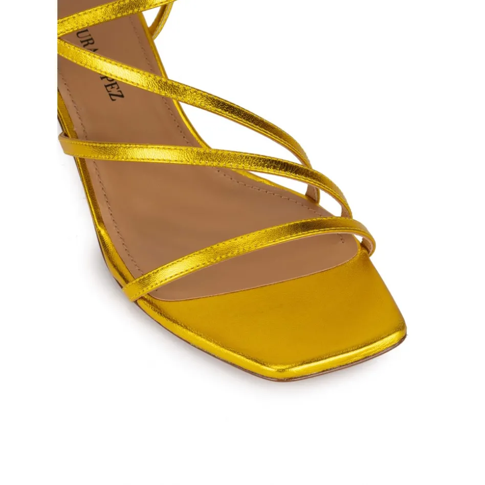 Quebec Yellow strappy mid heel sandals in metallic leather