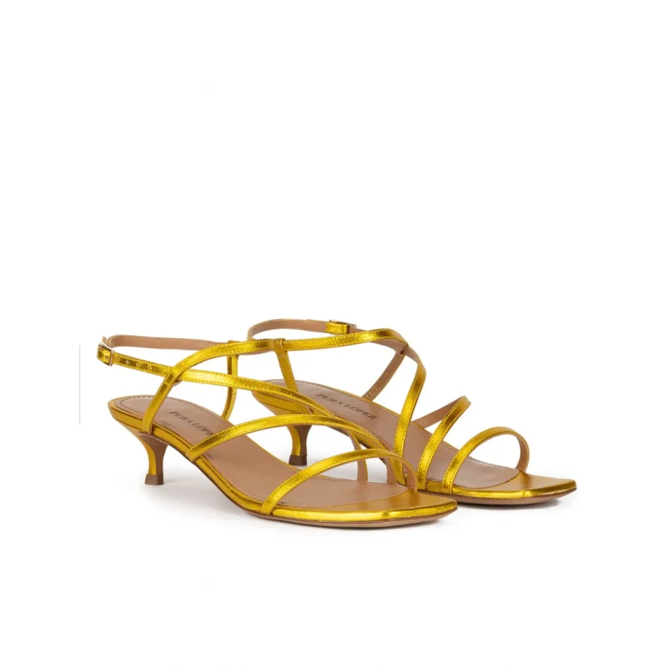 Quebec Yellow strappy mid heel sandals in metallic leather
