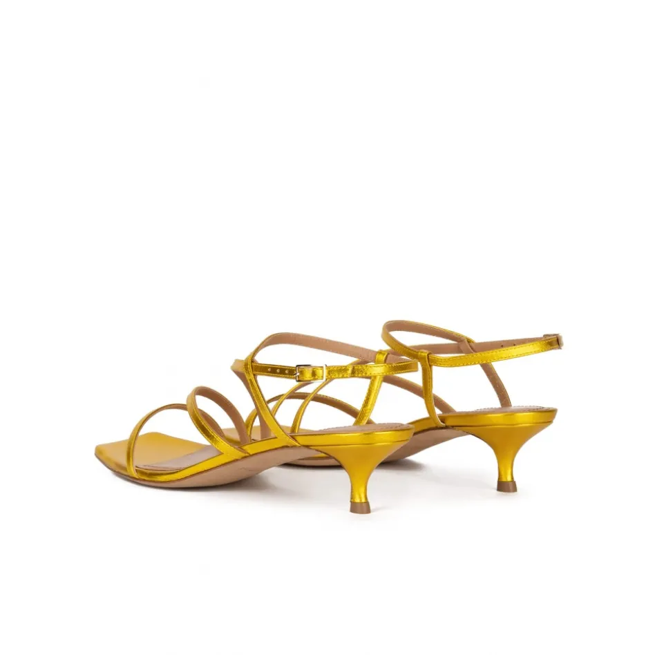 Quebec Yellow strappy mid heel sandals in metallic leather