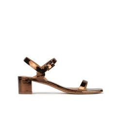 Queralt Bronze mid block heel sandals in metallic leather