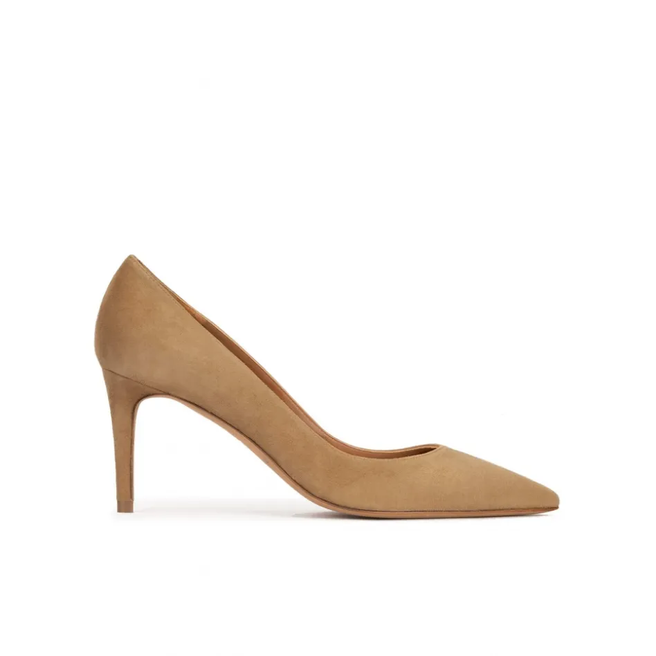 Quimera Mid heel sharp point-toe pumps in camel suede