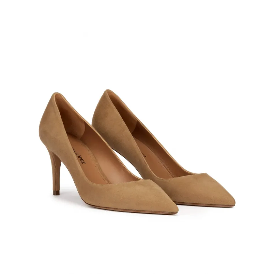 Quimera Mid heel sharp point-toe pumps in camel suede