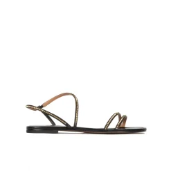 Quimora Strappy flat sandals in black leather with golden studs