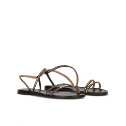 Quimora Strappy flat sandals in black leather with golden studs