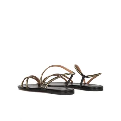 Quimora Strappy flat sandals in black leather with golden studs