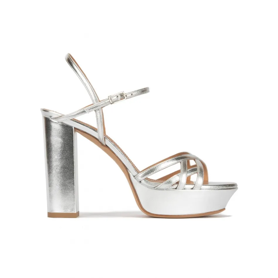 Quinea Platform high block heel sandals in silver leather