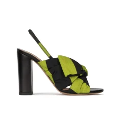 Quirina Bow detailed high block heel sandals in green and black fabric