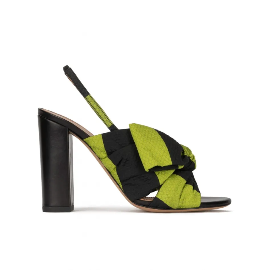 Quirina Bow detailed high block heel sandals in green and black fabric