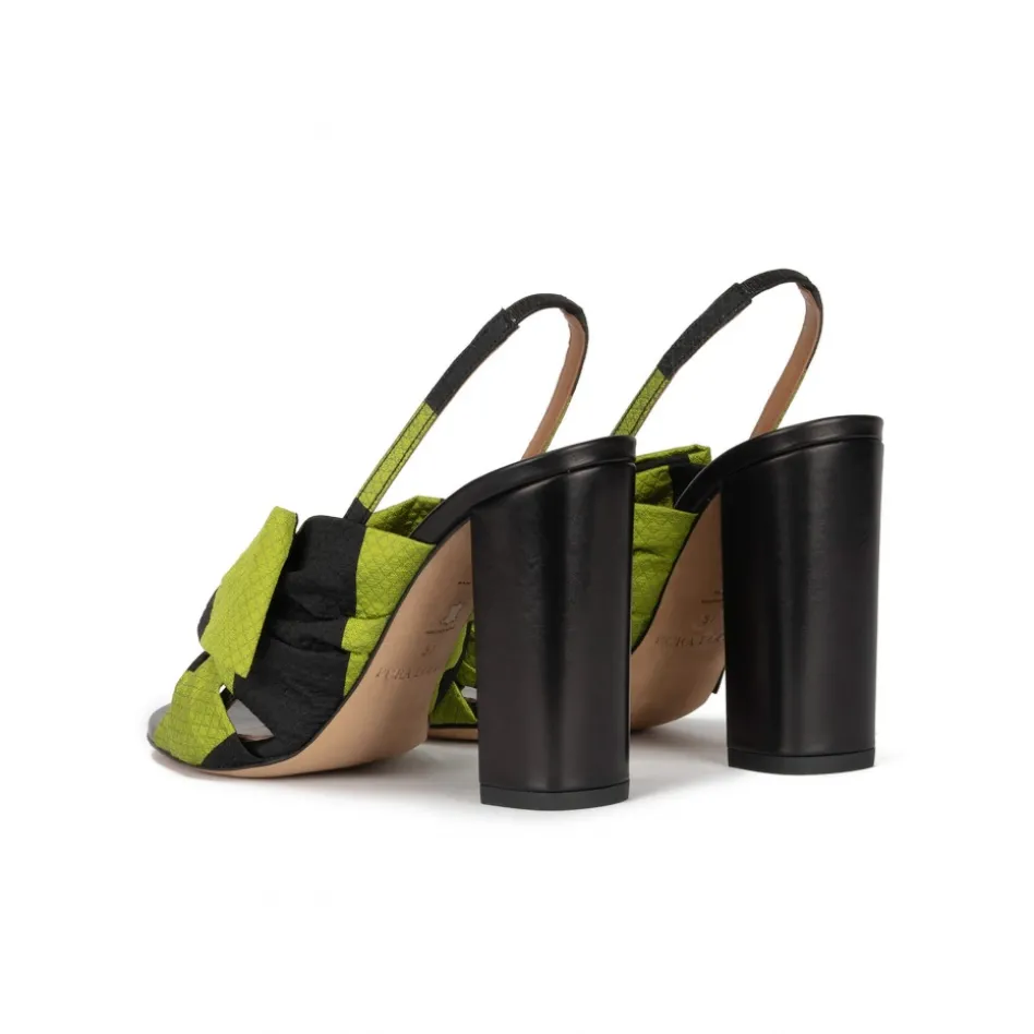 Quirina Bow detailed high block heel sandals in green and black fabric