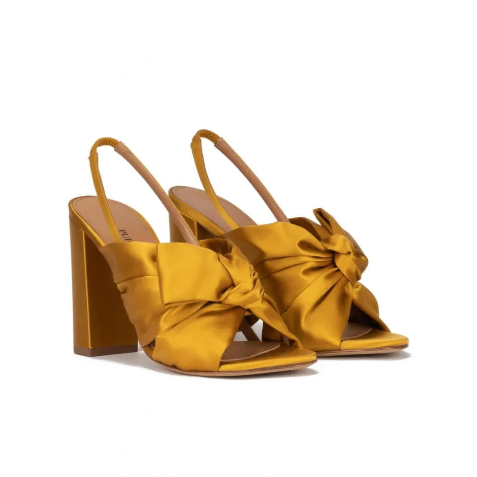 Quirina Bow-detailed high block heel sandals in mustard satin