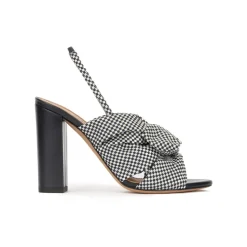 Quirina High block heel sandals in white and blue checked fabric