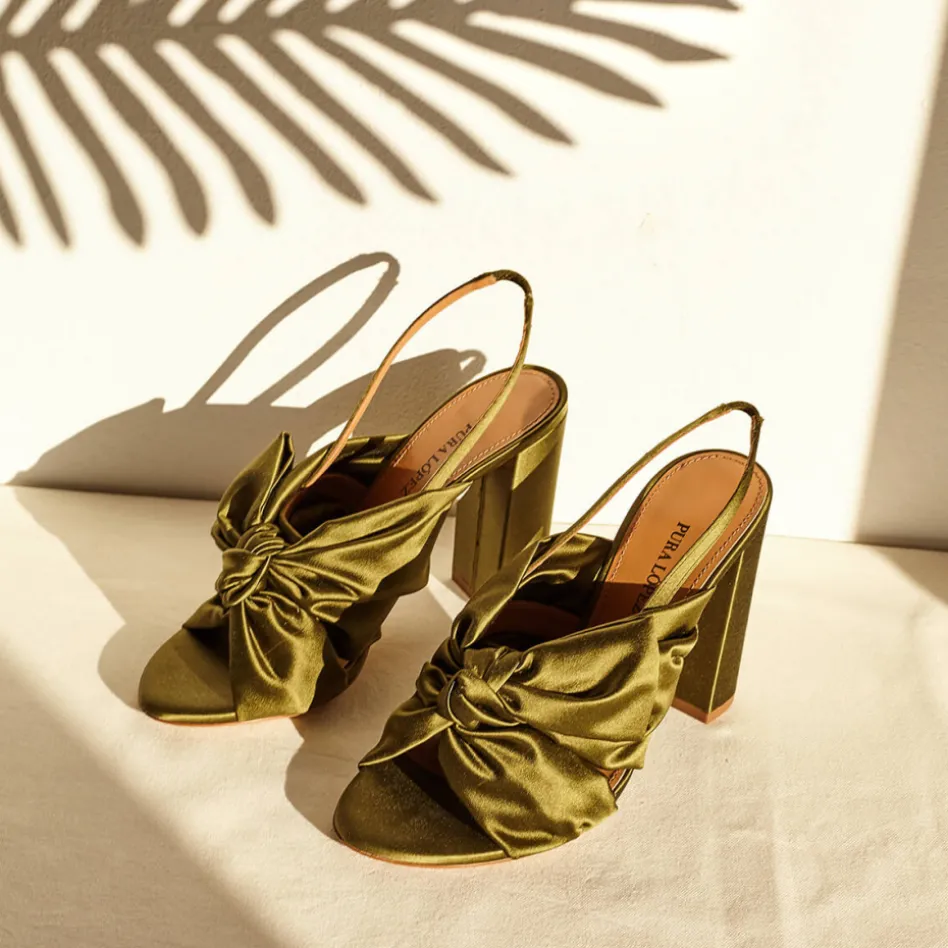 Quirina High block heel sandals in khaki green satin