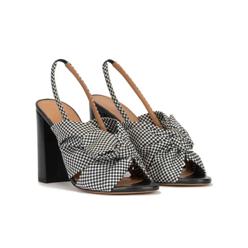 Quirina High block heel sandals in white and blue checked fabric