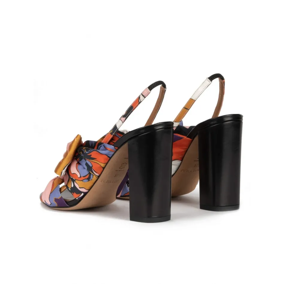 Quirina High block heel sandals in floral print fabric with bow detail
