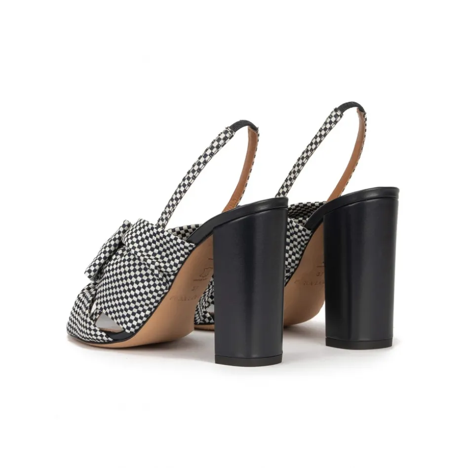 Quirina High block heel sandals in white and blue checked fabric
