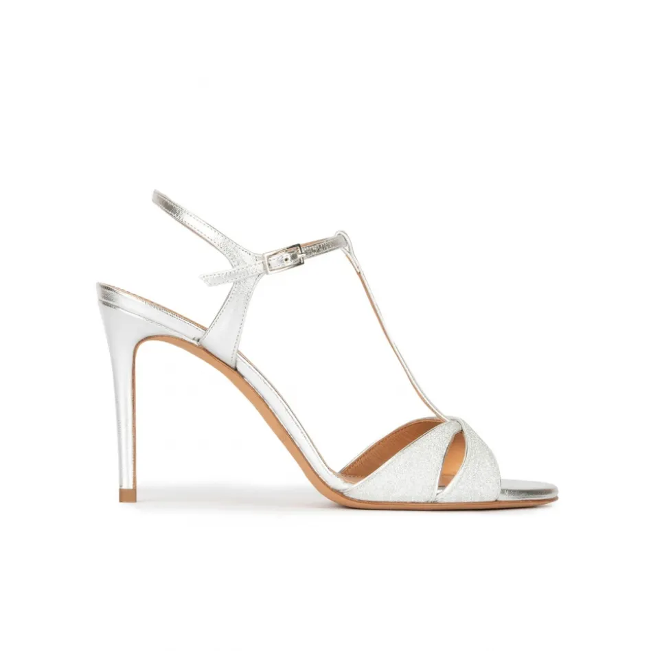 Turquesa Silver heeled sandals in glitter and metallic leather