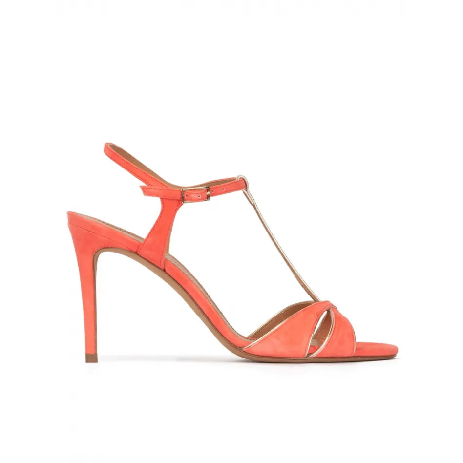 Turquesa T-bar high heel sandals in coral suede
