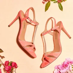 Turquesa T-bar high heel sandals in coral suede