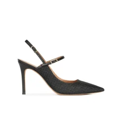 Unique Slingback high heel point-toe pumps in black raffia