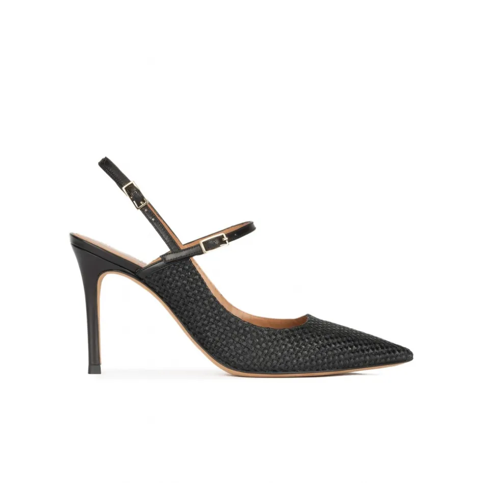 Unique Slingback high heel point-toe pumps in black raffia