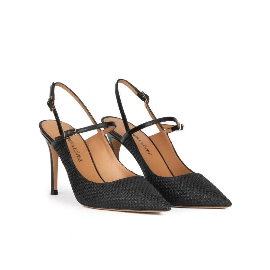 Unique Slingback high heel point-toe pumps in black raffia