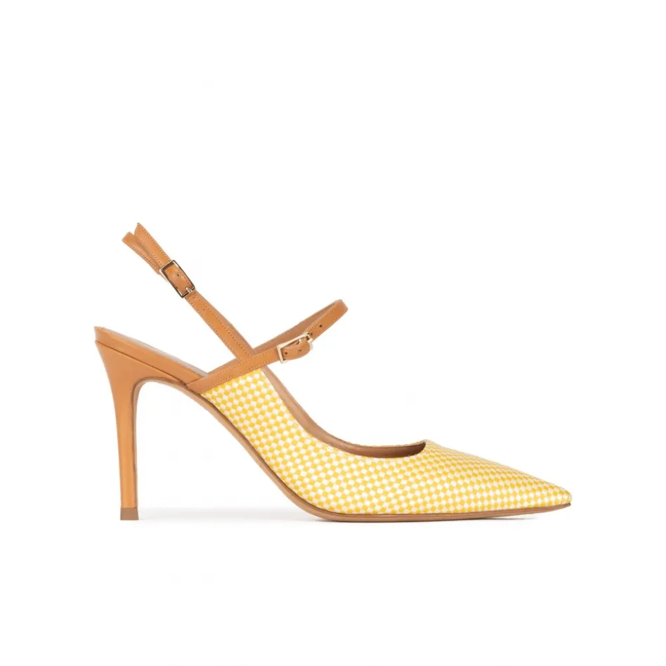 Unique Yellow slingback high heel pumps in checked fabric