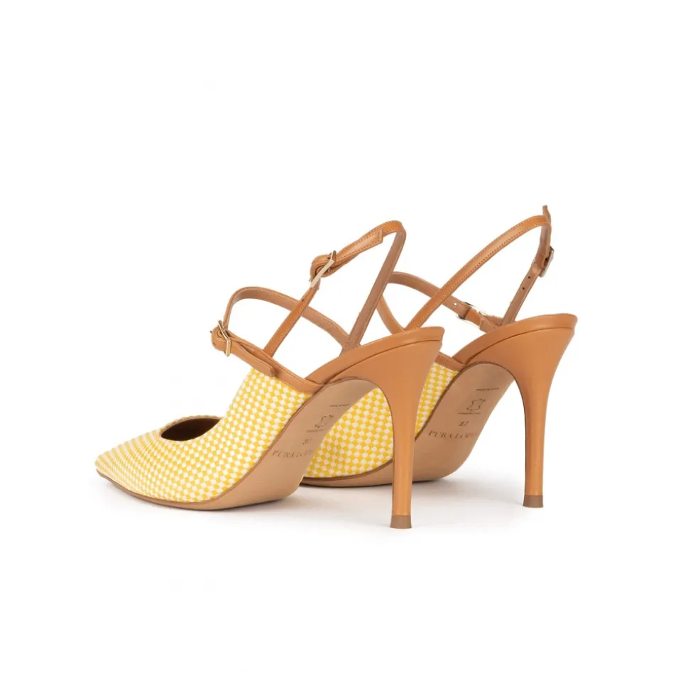 Unique Yellow slingback high heel pumps in checked fabric