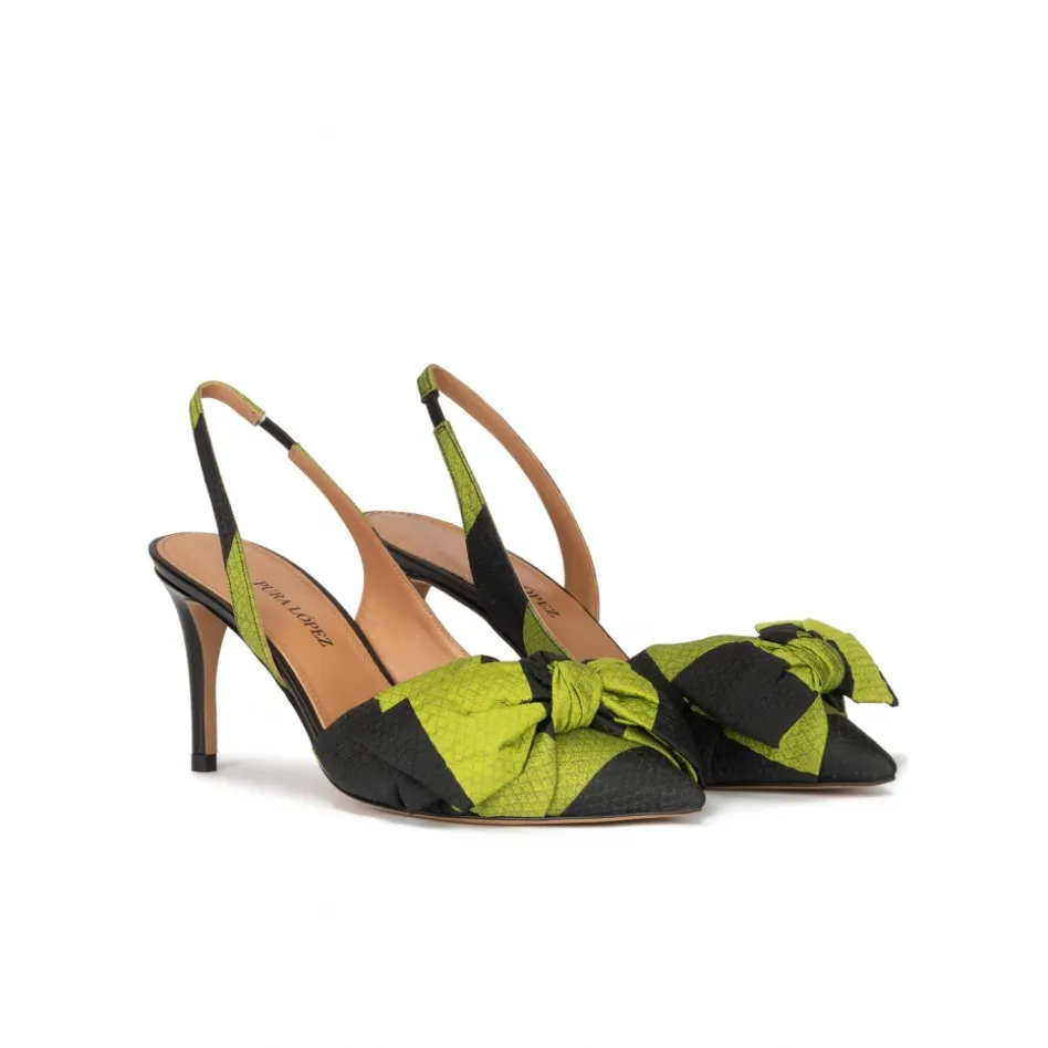 Veronique Bow detailed mid heel pumps in green and black fabric