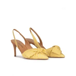 Veronique Bow detailed mid heel pumps in yellow and white checked fabric